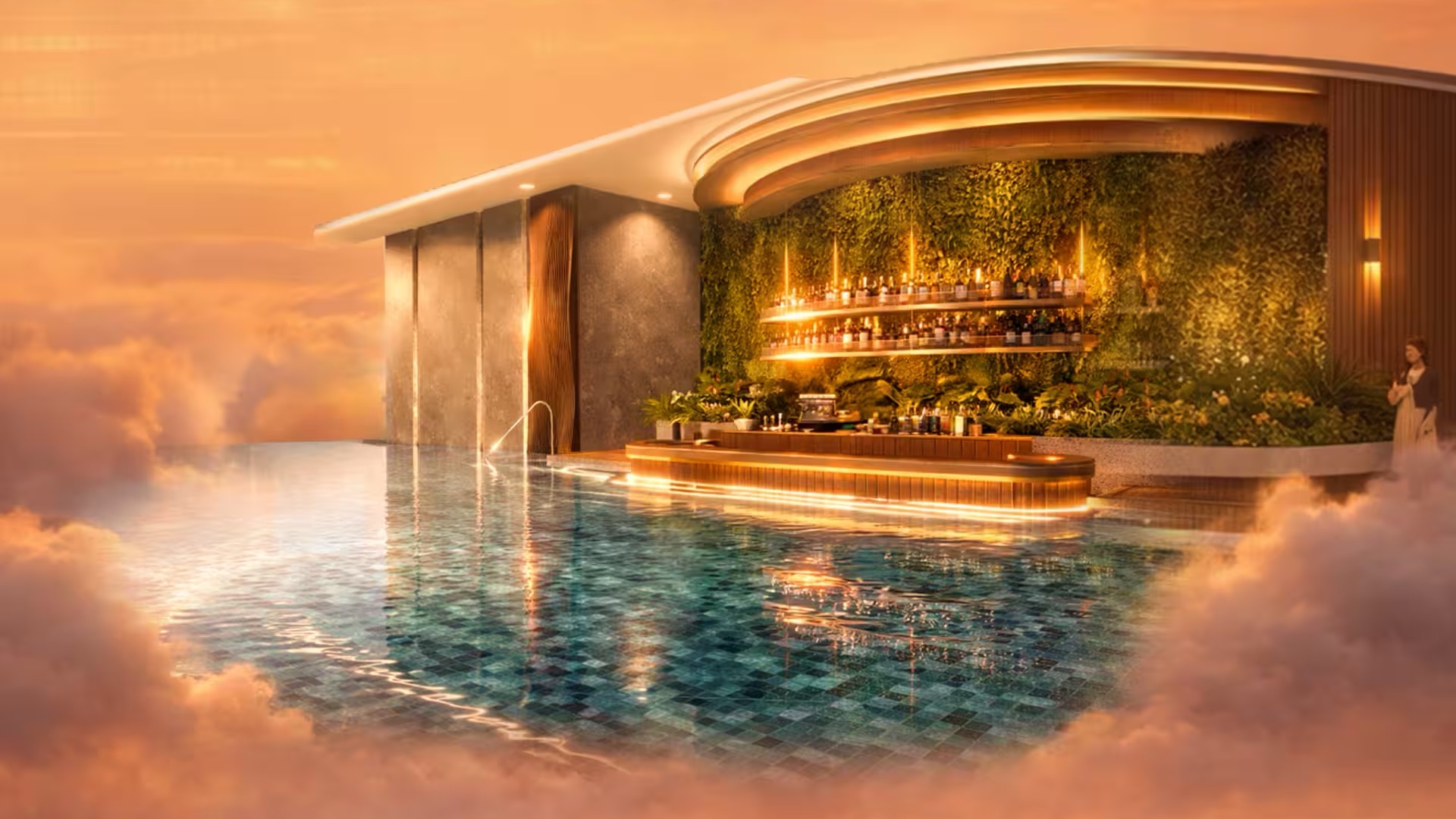 Aqua Sky Pool tầng 20 — hồ bơi vô cực và quầy bar giữa mây